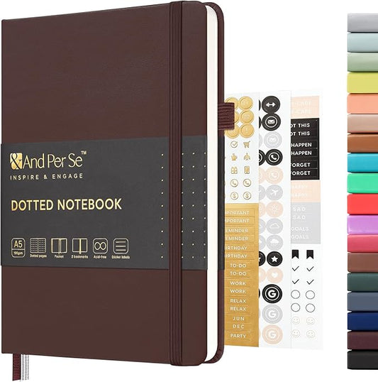 &And Per Se Dotted Journal Notebook, A5 Hardcover Leather Bullet Dotted Journal, 160 Pages 100 gsm Thick Paper, 3 Sheets of Stickers Included- 5.7'' x 8''（Chocolate）
