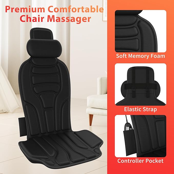 Heated Vibration Massage Chair Pad with 8 Motors – 5 Massage Modes & Adjustable Heat Levels, Memory Foam Back Massager Cushion for Office Chair, or Home Use - Bloomnest