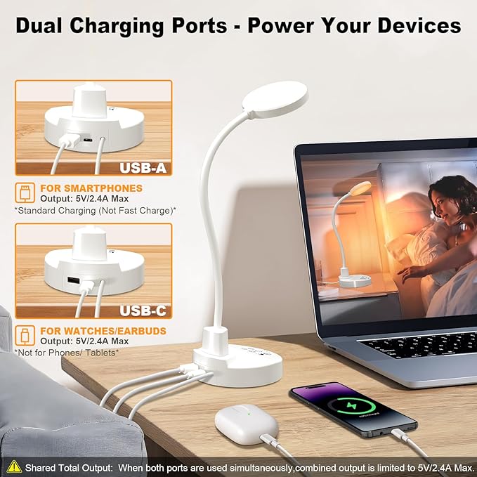 15W LED Desk Lamp with USB Charging Ports – Dimmable Table Lamp with 3 Color Temps, 5 Brightness, 4 Timers, Flexible Gooseneck Light with Base, Eye-Caring Reading Light for Home Office, Bedroom, Study - Bloomnest