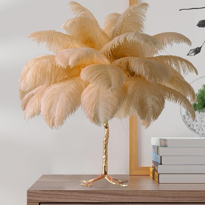 MAYOLA Modern Ostrich Feather Table Lamp with Plug in Wire,3-Light Bedside Floor Lamp for Living Room, Bedroom and Office 24” Tall Feather Desk Lamp (Ostrich Color, Table Lamp-Resin) - Bloomnest