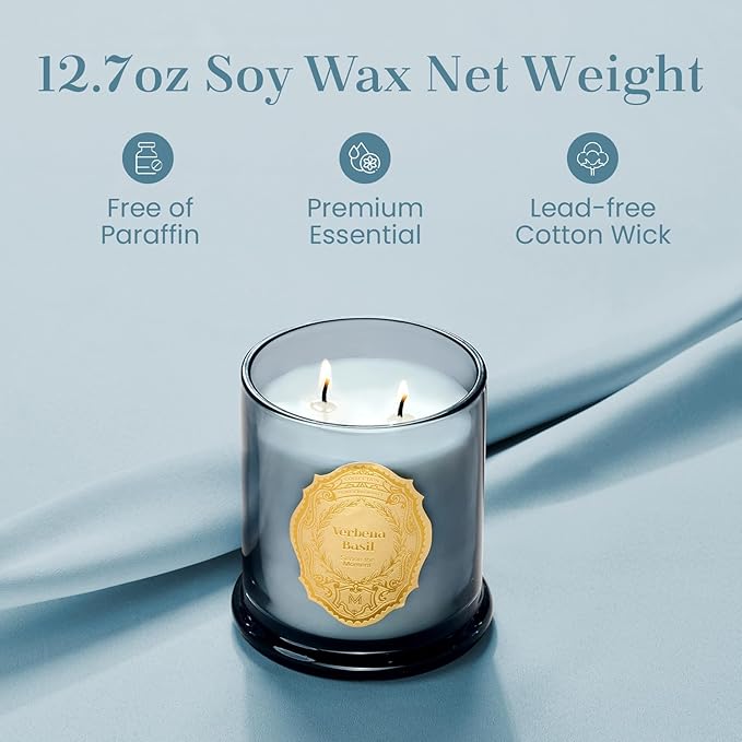 M&SENSE Verbena Basil Candles for Home Scented, 2 Wick 12.7oz Soy Wax Candles Non Toxic,70 Hours Long Burning,Luxury Candles Gift for Stress Relief, Meditation, Yoga - Bloomnest