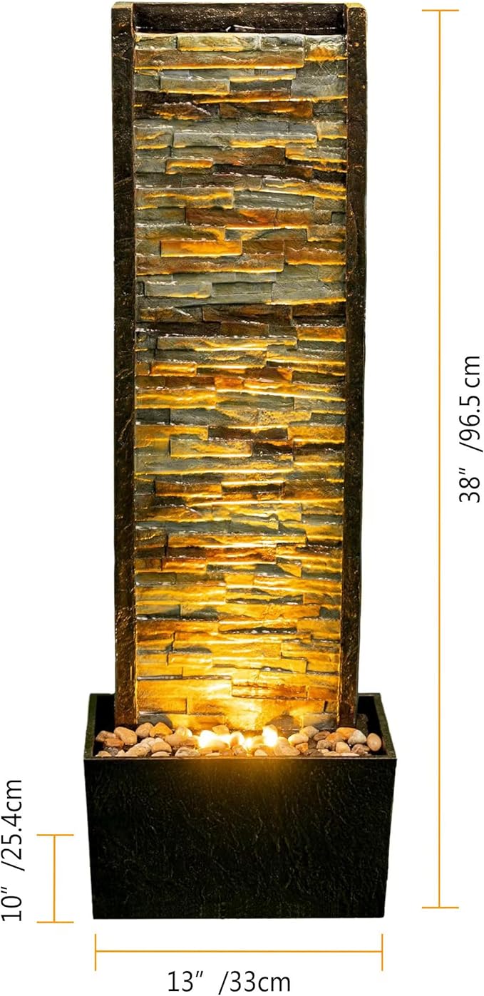 Cheng Pin Indoor Water Fountain -Staggered Stone Wall Design,Create Relaxing Ambiance to Decor Your Living Room,Office,Bedroom Or Outdoor Garden with Waterfall Water Feature and LED Lights,38in. Tall - Bloomnest