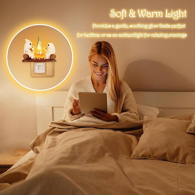 Ghost Campfire Night Light, White Plastic, LED Flickering Flame Effect, Indoor Decorative Wall Plug-in, Spooky Decor for Kids Bedroom - Bloomnest