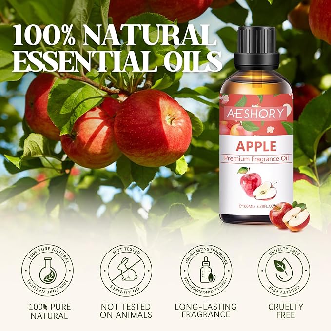Apple Fragrance Oil 3.38FL.OZ - Aromatherapy Essential Oils for Diffusers for Home, Apple Scented Oils for Massage, Soap Candle Making Scents - 100ML - Bloomnest