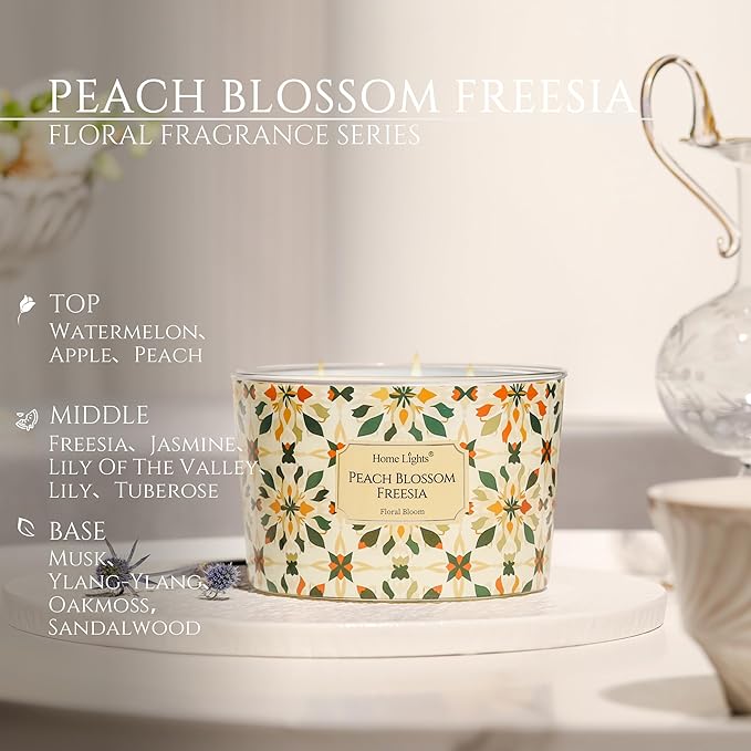 HomeLights Soy Wax Candles for Home Scented, 4-Wick Candles in Peach Blossom Freesia Scented, Aromatherapy Candles Gift for Parties, Relaxing, Bohemian Natural Textures, 18oz - Bloomnest