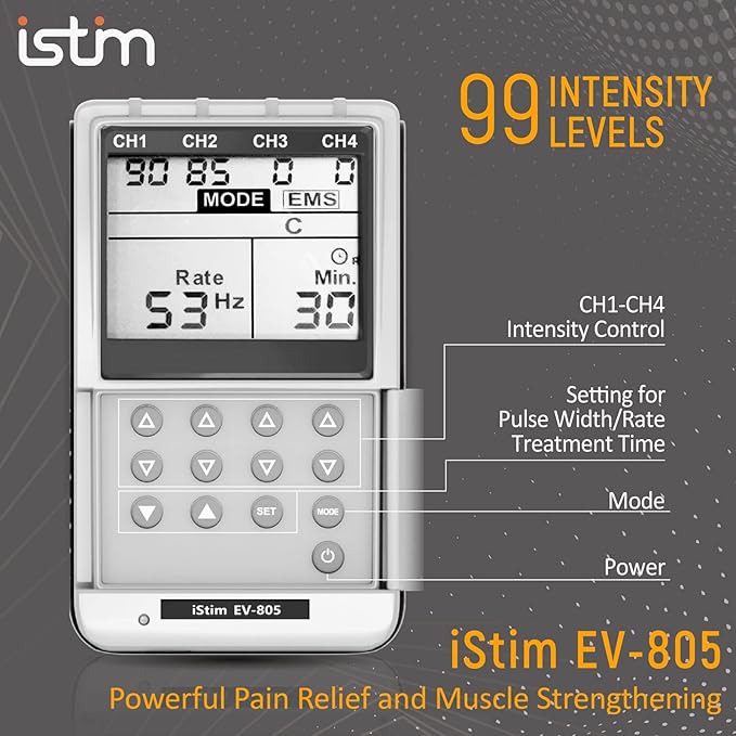 iSTIM EV-805 TENS EMS 4 Channel Rechargeable Combo Machine Unit - Muscle Stimulator + Back Pain Relief and Management- 24 Programs/Backlit (Including Electrodes Pads) iSTIM