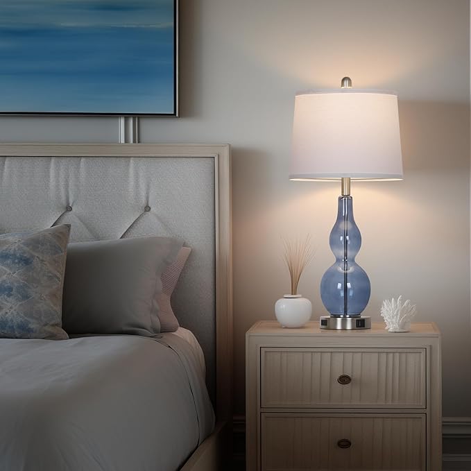 27.5" Coastal Blue Glass Double Gourd Table Lamp Set of 2,3-Way Dimmable Touch Control Bedside Lamps with USB Ports and AC Outlet, Nautical Nightstand Lamps for Bedroom Living Room - Bloomnest