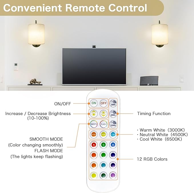 Rechargeable Battery Operated Wall Sconces Set of 2, Wireless Wall Lights with Remote Control 12 RGB Colors Magnetic Bulbs 5200mAh Battery Wireless Sconces for Bedroom Living Room (Black) - Bloomnest