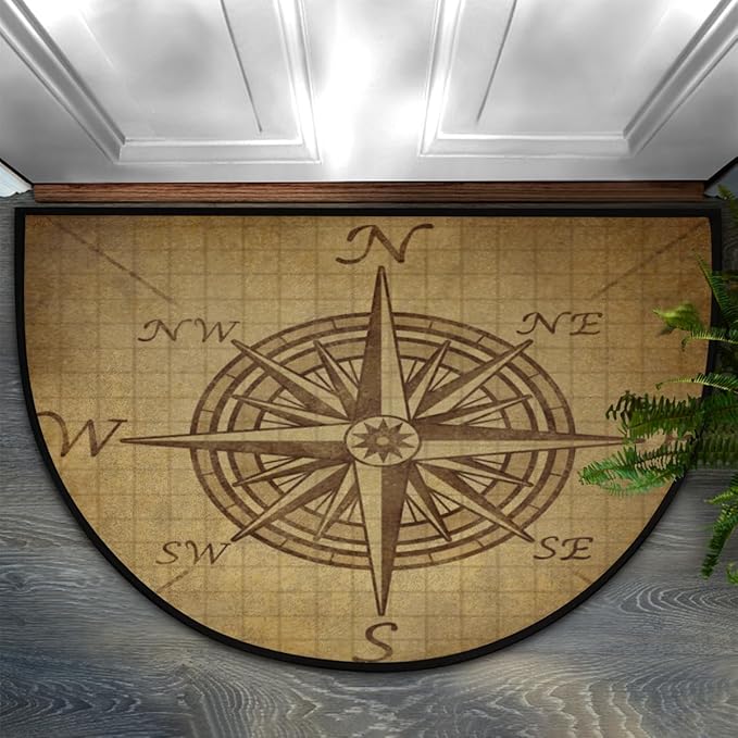 Half Round Door Mat, Compass Rose Retro Non-Slip Half Circle Area Rug Vintage Pattern Doormat Washable Durable Home Decor Half Moon Rug for Floor Indoor Outdoor Living Room Bedroom Kitchen Patio - Bloomnest