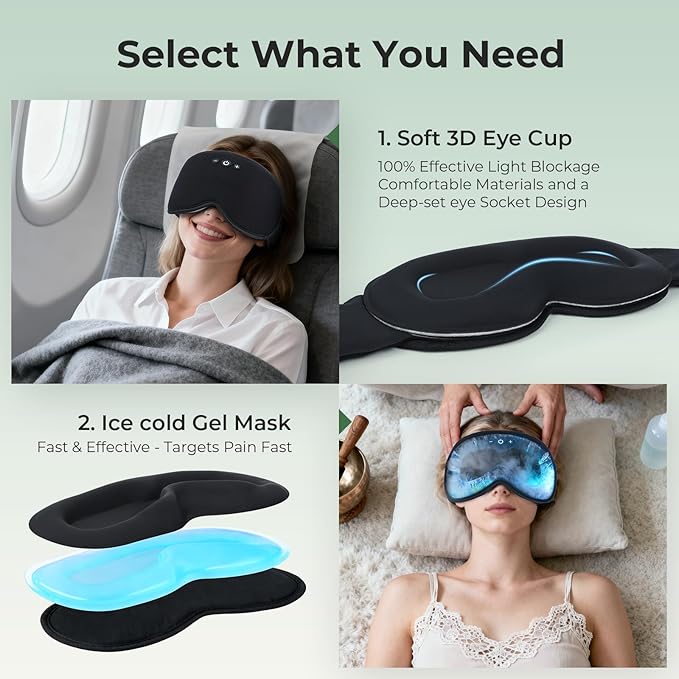 Smart Bluetooth Bamboo Cotton Sleep Mask Headphones, 3D Weighted Compress Cooling Gel Eye Mask 100% Blackout Sleep Mask Zero Eye Pressure|Warm&Cooling mask Hot Cold Therapy Sleep Headphones - Bloomnest