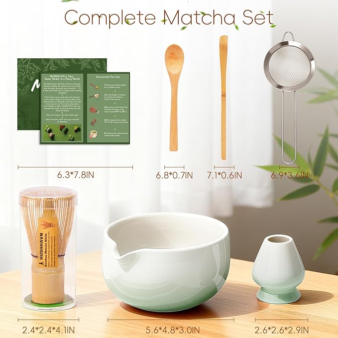 Matcha Whisk Set, Ceramic Matcha Set Includes Bowl & Holder, Bamboo Whisk (Chasen), Scoop, Spoon and Sifter, 6PCS Matcha Kit Covers Everything Needed for Making Matcha (Green) - Bloomnest