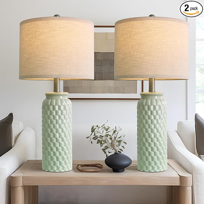 24" Modern Ceramic Green Bedside Lamp Set of 2 Table Lamp for Bedroom Decor Farmhouse Table Lamp for Living Room Office Dorm - Bloomnest