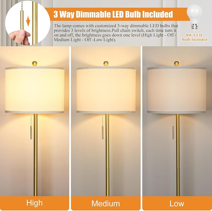 【Upgraded】 Dimmable Gold Floor Lamps for Living Room, 63in Modern Standing Lamp with Marble Base, Tall Pole Light with White Linen Shade for Bedroom Reading Office Corner Nursery - Bloomnest