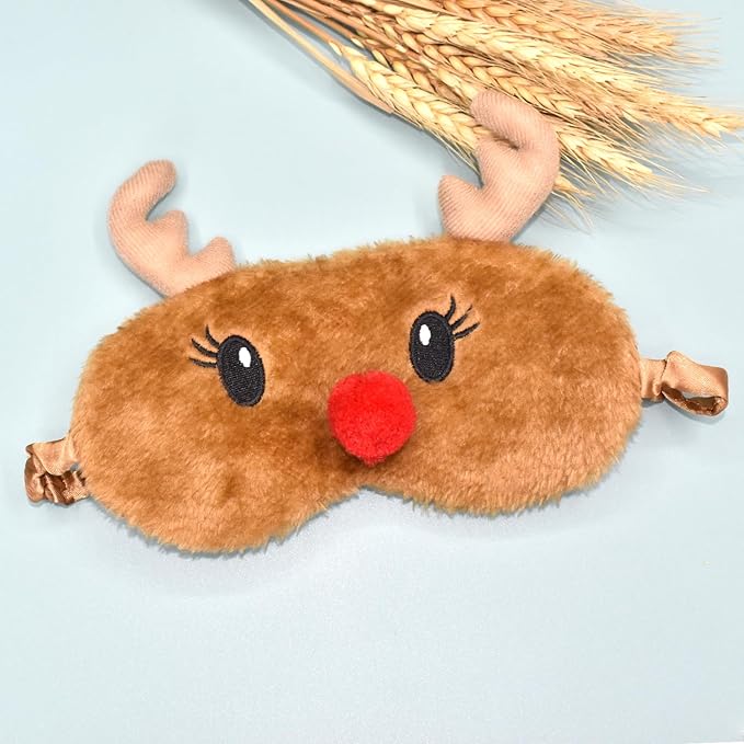 Cute Animal Sleeping Mask Sleep Mask, Christmas Reindeer Soft Plush Eye Masks for Travel Nap Funny Rudolph Blindfold Eye Cover Eyeshade for Adult Teens Men Women - Reindeer, Brown - Bloomnest