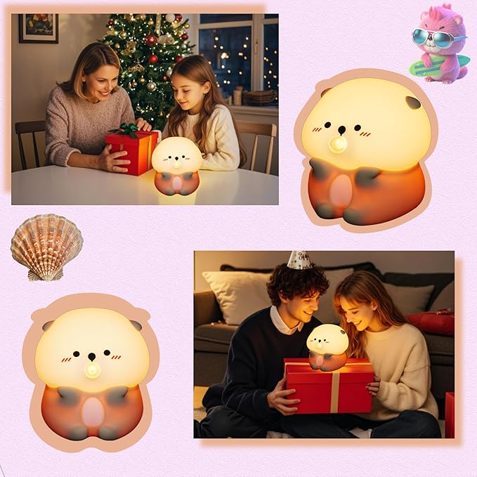Sea Otter Night Light, Cute Otter Gifts, Soft Silicone Lamp with 3 Level Warm Light and RGB Changing, Breastfeeding Nursery Portable Kawaii Bedside Lamp for Baby, Toddler, Boys and Girls - Bloomnest