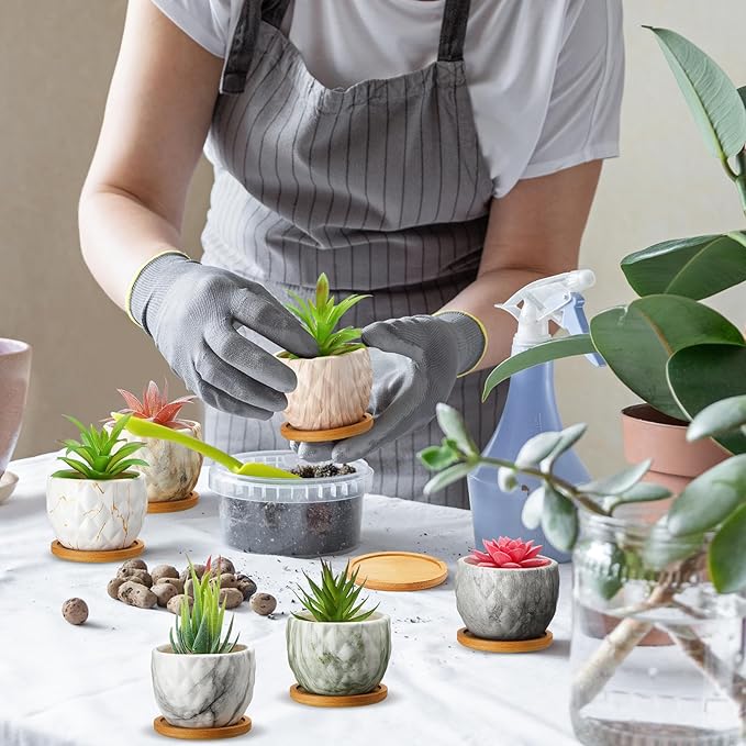 Marbling Ceramic Flower Pot 3.35 Inch Succulent Small Plant Cactus Herbs Planter Ceramic Pot with Drainage Hole Matte Round Container(6 Pcs,Elegance Style) - Bloomnest