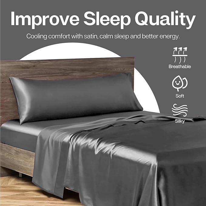MR&HM Satin Body Pillow Cover, Soft and Breathable Body Pillow Case with Envelope Closure, Cooling and Silky Long Pillowcase for Hair and Skin,Grey (20x54, Dark Grey) - Bloomnest
