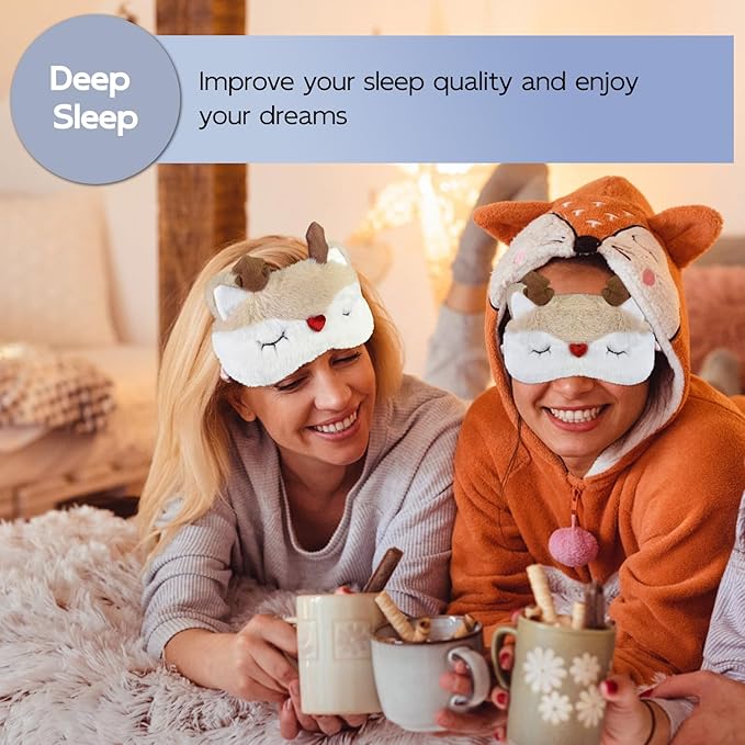 Christmas Reindeer Sleep Mask Cute Antler Eye Masks Sleeping Soft Plush Cartoon Blindfold Funny Animal Eye Cover Xmas Presents for Kids Girls and Adult (Xmas Reindeer,White) - Bloomnest