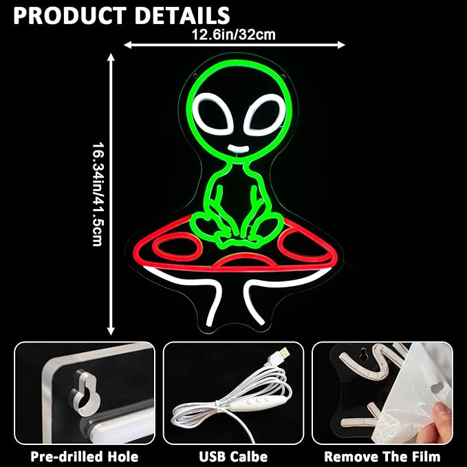 Mushroom Alien Neon Sign for Wall Decor, USB Dimmable Green Alien Neon Lights for Bedroom, Home, Game Room, Party, Beer Bar, Hip Hop Pub, Man Cave, Yoga Gifts - Bloomnest