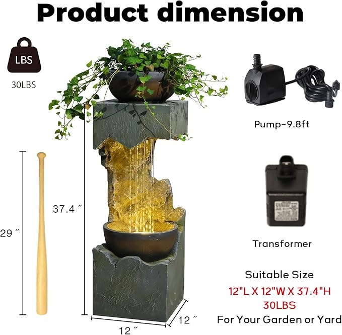 37.4''H 2-Tiered Rainfall Bowl Garden Water Fountain with LED Lights and Pebbles, Modern Crackled Stone Feature Waterfall for Porch, Deck, Yard, Patio, and Home Décor - Bloomnest