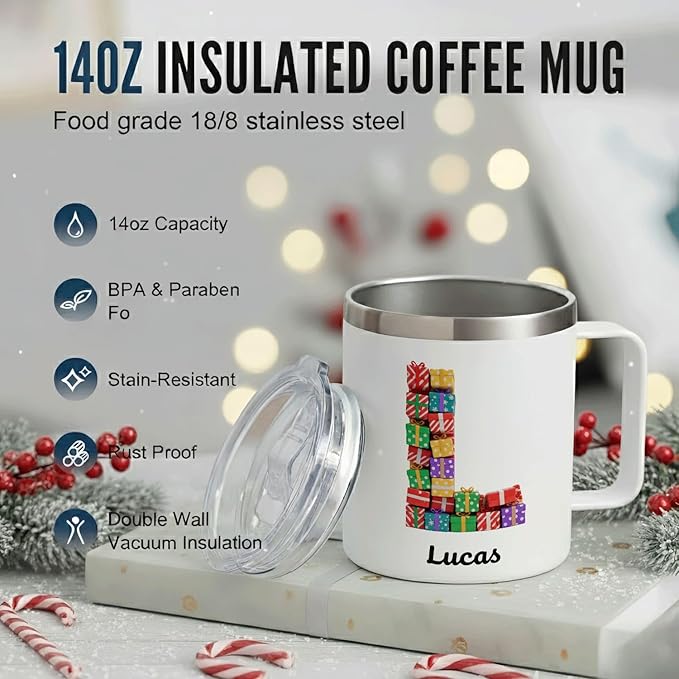 Personalized Christmas Mug with Name, 12oz Insulated Coffee Tumbler with Handle, Custom Present Wreath Initial Cup, Festive Holiday Xmas Gift for Women, Her, Mom(B04) - Bloomnest