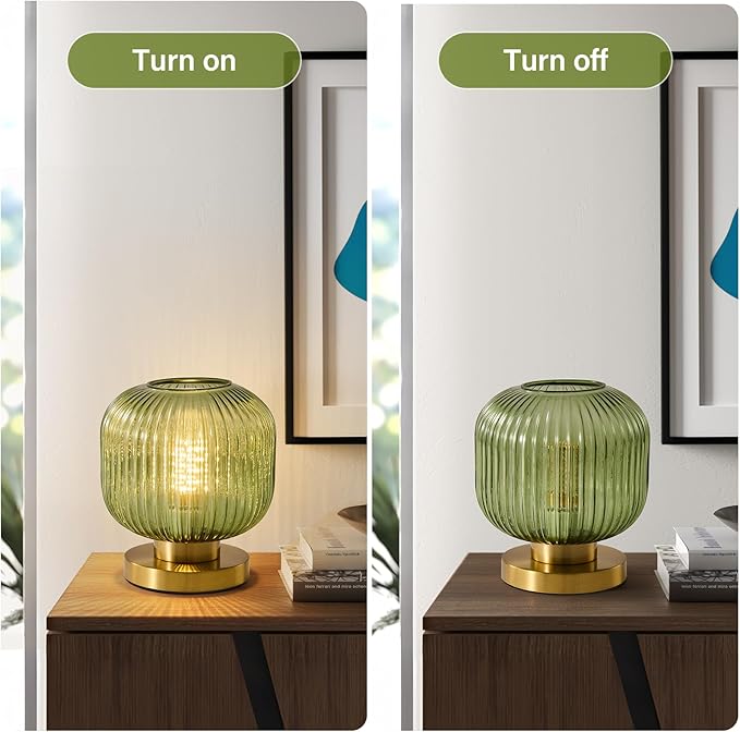 Mid Century Green Table Lamp: Vintage Ribbed Globe Pumpkin Glass Dimmable Plug in Small Bedside Lamps - Cute Brass Gold Modern Side Table Lamp Nightstand Light for Bedroom Entryway Desk Living Room - Bloomnest