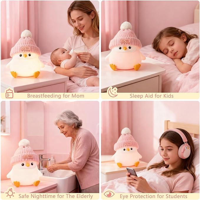 Penguin Silicone Night Light, Cute Pink Penguin Lamp with Knitted Hat, Soft Nursery Nightlight, USB Rechargeable/Dimmable,LED Squishy Novelty Animal Bedside Lamp,Funny Gifts for Kids/Girls - Bloomnest