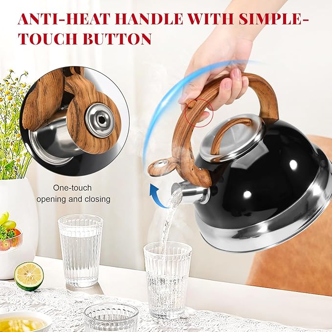 GGC Whistling Tea Kettle for Stove Tops, 3.1QT/3L Tea Kettles for Boiling Water Coffee or Milk, Stainless Steel Tea Pot with Anti-Heat Handle and Simple Touch Button to Control Kettle Outlet - Bloomnest