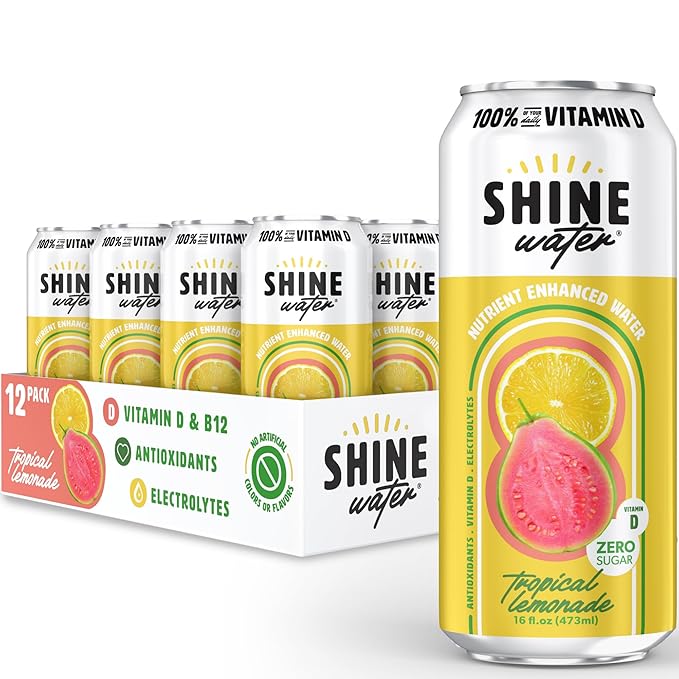 Shine Water Tropical Lemonade Vitamin D Electrolyte Drinks 12-Pack, Sugar Free Flavored Water with Magnesium, Zinc & Antioxidants, Low Calorie Hydration Beverage, Plant-Based Vitamin Water Zero Sugar - Bloomnest
