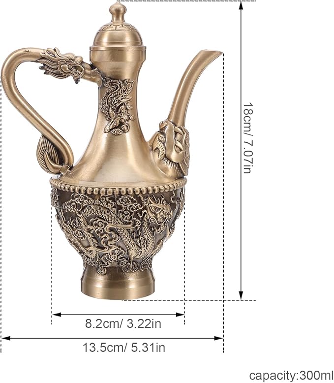 LOGOFUN Vintage Dragon Embossed Brass Tea Pot 300ml Chinese Retro Kettle for Coffee Serving Decor - Bloomnest