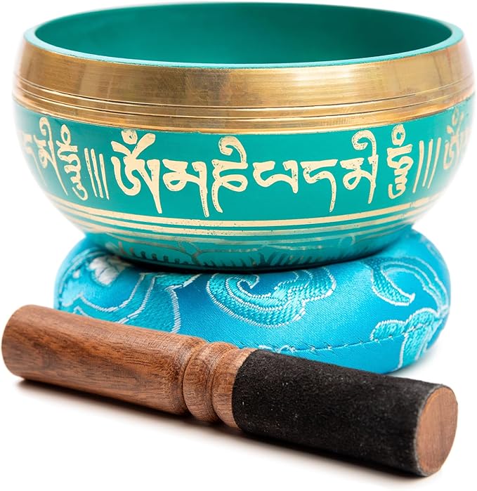 Tibetan Singing Bowl Set Brass - Master Healing Grade - Authentic Handcrafted Sound Bowl by Himalayan Bazaar (Turquoise)