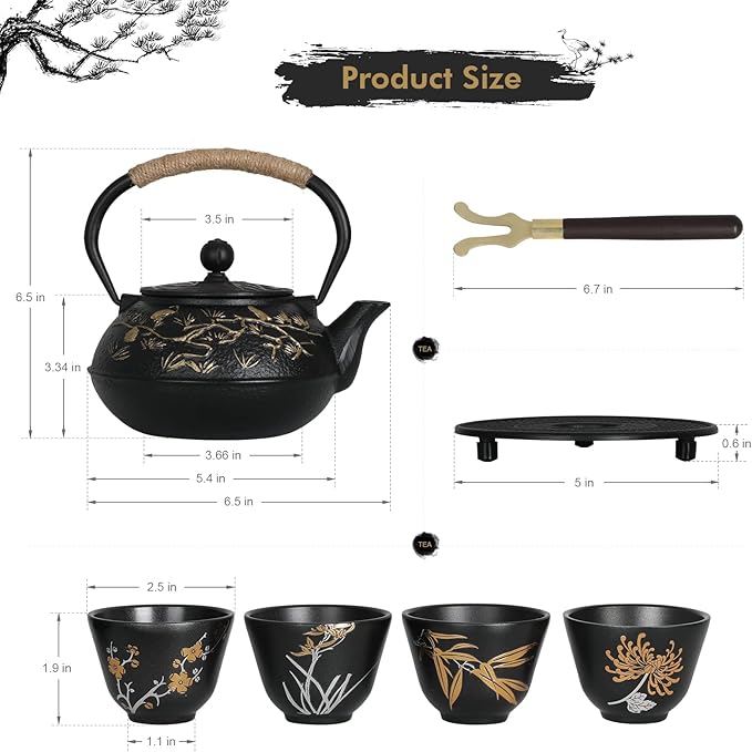 RekRang Longevity Crane Cast Iron Teapot, Japanese Style Tetsubin Tea Kettle with 4 Cups, Removable Infuser and Trivet, Antique Cast Iron Tea Set for Stove, 800ml, 28Ounce - Bloomnest