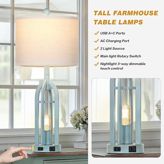 27" Farmhouse Table Lamps for Living Room,Blue Vintage Lamps Set of 2 with USB A+C Charging Ports & AC Outlet, Retro Nightstand Lamp with Fabric Shade for Bedroom, Entryway(4 Bulbs Included) - Bloomnest