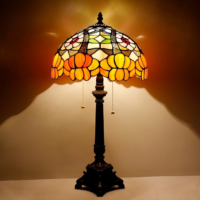 Tiffany Lamp Orange Flower Style Stained Glass Table Lamp Desk Reading Light 12X12X21 Inches with Resin Base Decor Bedroom Living Room - Bloomnest