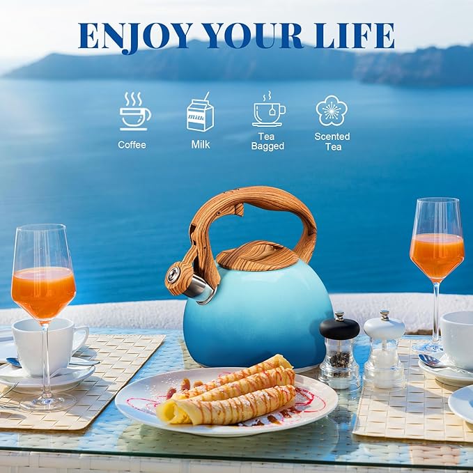 GGC Tea Kettle for Stove Top, 3.1QT/3L Whistling Tea Kettles for Boiling Water Coffee or Milk, Gradient Blue Tea Pot with Wood Parttern Handle, Stainless Steel Tea Pots for Home and Kitchen - Bloomnest