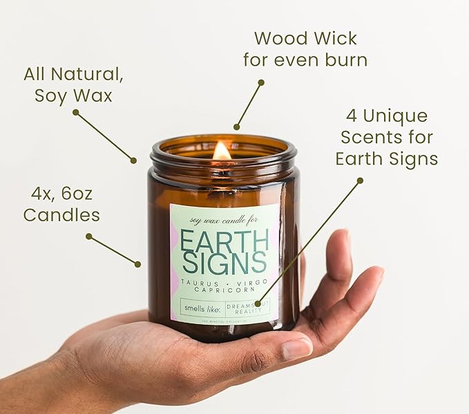 Taurus, Virgo, Capricorn Gifts for Women - Wood Wick Candles, 4 Pack Small Scented Candles Set for Women. 6oz Natural Soy Wax, Aromatherapy Set for Home. Zodiac Astrology Birthday Spiritual Gifts - Bloomnest
