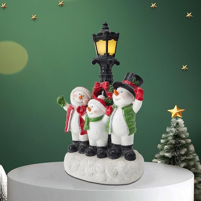 Snowman Family with Lighted Lamp Post - Set of 3 Snowman Figurines and LED Lighted Streetlamp - Christmas Village Decor for Mantel, Holiday Display - Bloomnest