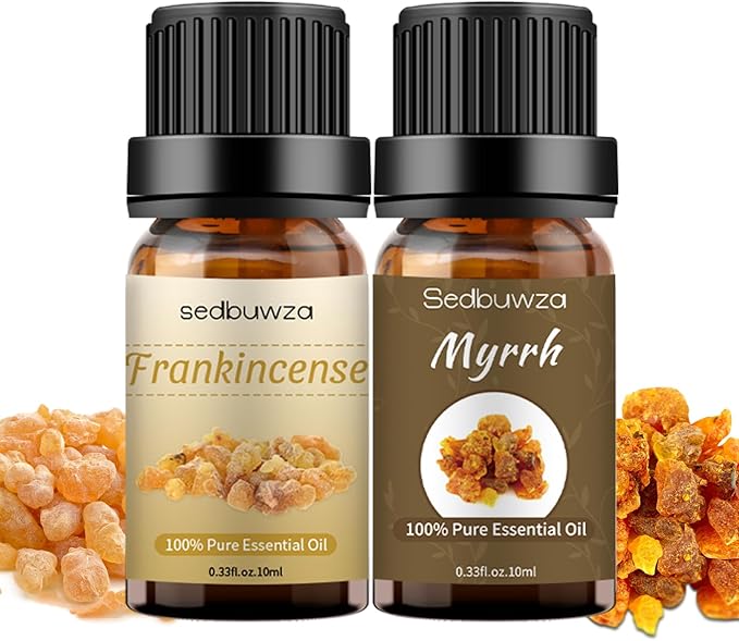 Sedbuwza Myrrh Frankincense Essential Oil Set, Myrrh Fragrance Oil Frankincense Scent Oil Set for Diffuser, Aromatherapy, Massage, Soap, Candle Making 2 x 10 ml Sedbuwza