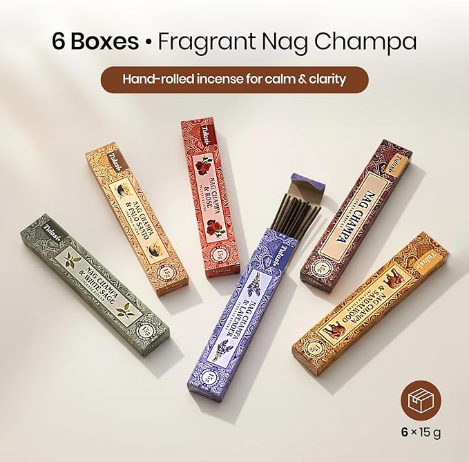 Tulasi Nag Champa Incense Sticks Gift Pack of 6, Hand Rolled Fragrance Incense Sticks for Aromatherapy, Relaxing, Yoga, Meditation, Prayer, Agarbatti Stick with Natural Oils, (15gm x 6) Tulasi