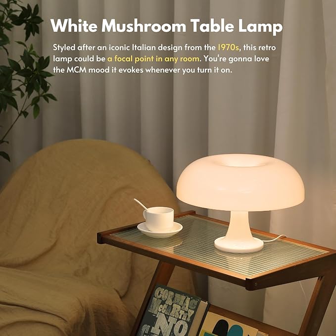 White Mushroom Lamp, Dimmable Mushroom Table Lamp with 3 Lighting Modes, 70s Retro Lamp Mid Century Modern Light Mushroom Shaped Donut Lamp for Bedroom, Cool Home Decor Aesthetic Light - Bloomnest
