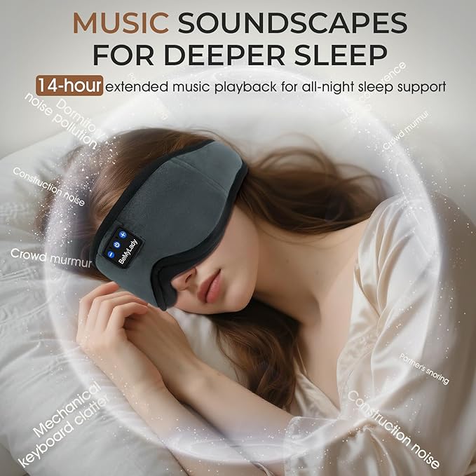 Sleep mask Headphones,100% Blackout 3D Zero Eye Pressure Bluetooth Sleep mask Breathable Eye mask with Bluetooth Headphones Sleep Headphones for Side Sleepers, 14H Playtime&Bluetooth 5.4 Grey - Bloomnest