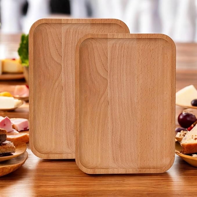 2 Pack Solid Wood Serving Platters and Trays of Natural with Edge,Rectangular Avoid Sliding and Spilling Food (Wood 10x7Inch) - Bloomnest