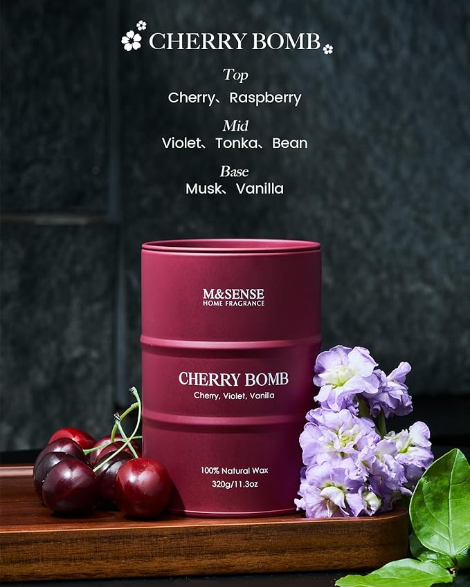 M&SENSE Cherry Bomb Scented Candles, Sweet Candle for Home Scented, Natural Soy Wax Cherry Blossom, Gifts for Women Mom, 11.3 oz 70 Hours Burn - Bloomnest