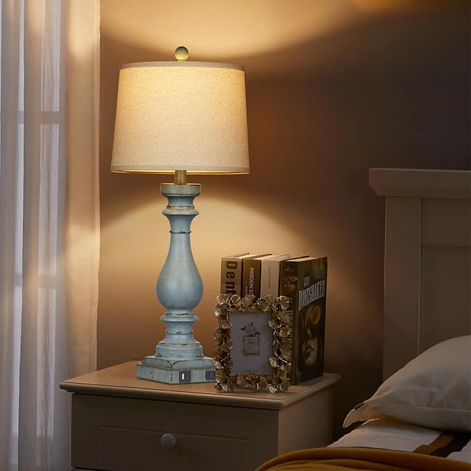 29" Tall Table Lamp for Living Room Set of 2,Coastal Bedside Nightstand Lamps with USB C+A Ports & AC Outlet,3-Way Dimmable Touch Control Retro Blue Desk Lamp for Bedroom,Color 3 - Bloomnest