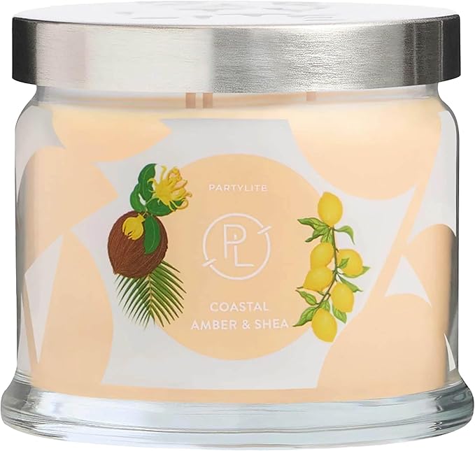 PartyLite Coastal Amber & Shea Scented, Notes of Ylang Flower, Citron, Sweet Coconut & Amber Creme, 13.2oz 3-Wick Jar Candle, 45 Hour Burn Time, Luxurious Fragrance, Ideal for Gifting - Bloomnest