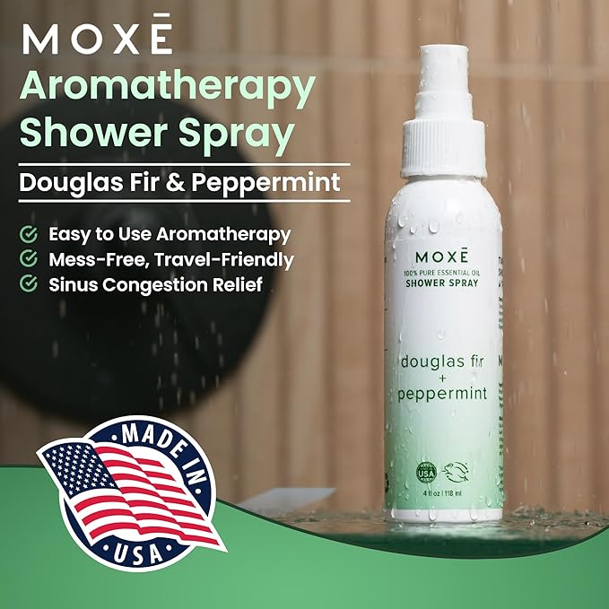MOXE Aromatherapy Shower Spray - Douglas Fir & Peppermint, 100% Essential Oils, Made in USA, Aromatherapy, Sinus Congestion Relief, Respiratory Support, 4 Oz (1 Pack) - Bloomnest