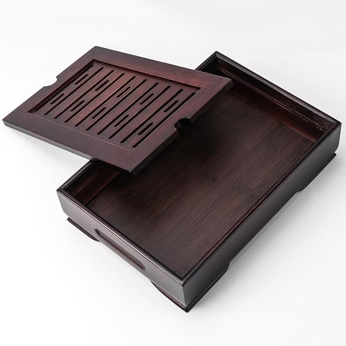 Mini Bamboo Chinese Tea Tray - 11 x 7 inch Japanese Tea Serving Tray, Small Gongfu Tea Table Set with Reservoir Type Water Storage Box (M) - Bloomnest