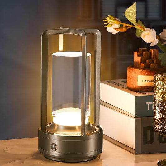 Portable Metal Table Lamp,Cordless Table Lamp, Rechargeable Battery Operated Lights, LED Table Lamps, 3 Color Stepless Dimming Touch, for Bedroom Restaurant Home Outdoor (Sliver) - Bloomnest