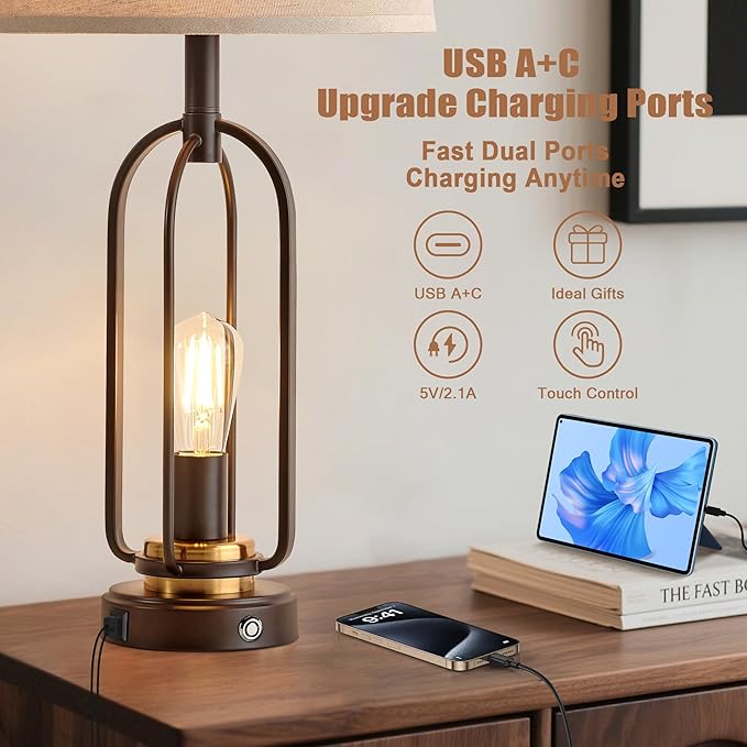 Farmhouse Table Lamps for Living Room Set of 2, 28.5" Tall Rustic Table Lamps with USB Ports, 3-Way Dimmable Vintage Bedside Lamps for Bedroom Nightstand, Bulbs - Bloomnest