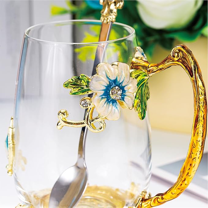 Flower Tea Cup,Butterfly Daisy Glass Fancy Coffee Mug with Spoon,Gift Box for Her Mom Wife Grandma Girls Friends Valentines Christmas Birthday Present Idea for Juice,Hot/Cold Drinks Use - Bloomnest